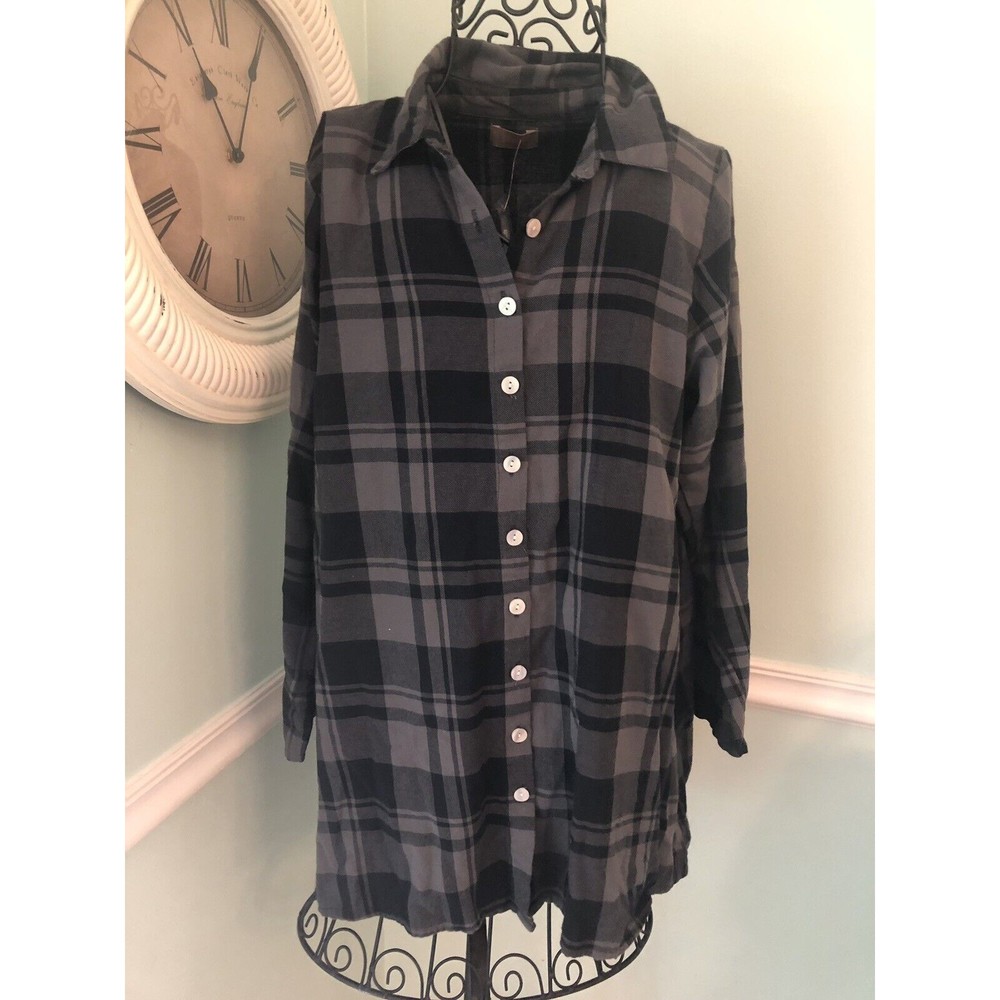 TULIP whiskey Plaid XS button Down Shirt NWT Cotton Black Gray Bustle Back lagen